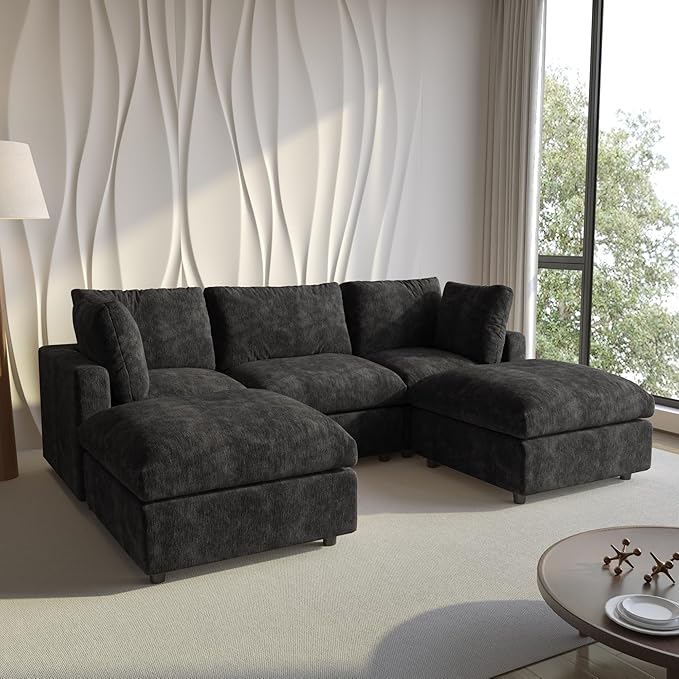 Cloud Couch Modular Sectional Sofa,100.5" U Shaped Couch, Oversized Convertible Wide Seater,3 Seater with 2 Ottomans for Living Room Set, Covers Washable&,Black