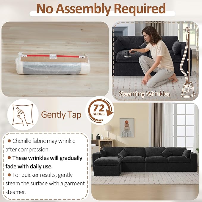 155''Cloud Boneless Sectional Couch, Modular Sectional Sofa Deep Seat with Ottoman, Oversized Upholstered Convertible Comfy 5 Seater Chenille Sofa L Shape Couches for Living Room, Dark