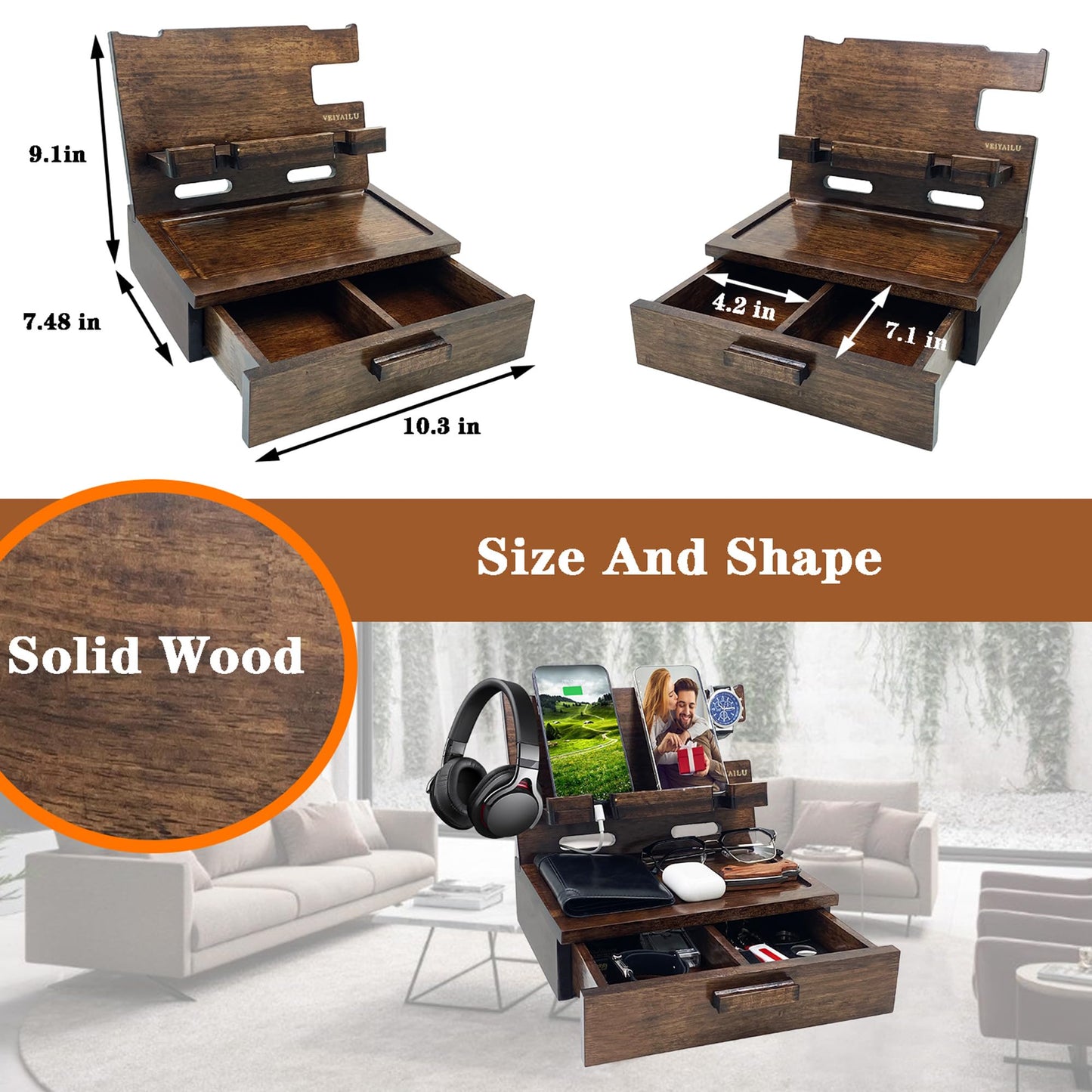 VEIYAILU Gifts for Men Women Husband Son Boyfriend Him Nightstand Organizer Wood Phone Docking Station Birthday Gifts (Walnut)