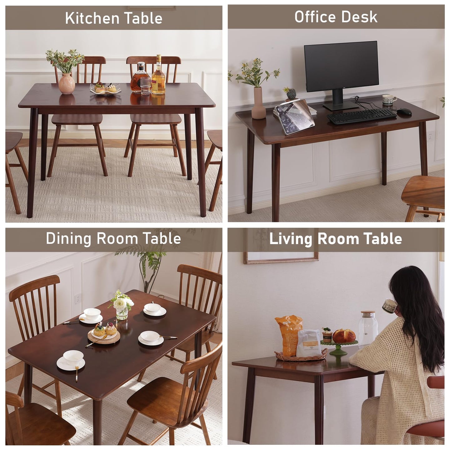 BAKEVE Bamboo Dining Table for 4-6 Person- 47.2'' Solid Wood Kitchen Table, Farmhouse Rectangular Dining Room Table, Mid Century Modern Desk for Living Room, Kitchen, Walnut, FSC-Certified Bamboo