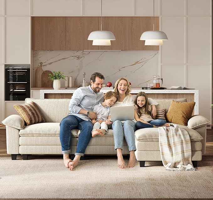 LINSY HOME 157'' Modular Sectional Sofa Beige Couch Corduroy Cloud Couches for Living Room, U Shaped Couch with Movable Ottoman, Modern Cloud Sectional Sofas for Bedroom and Apartment, Beige