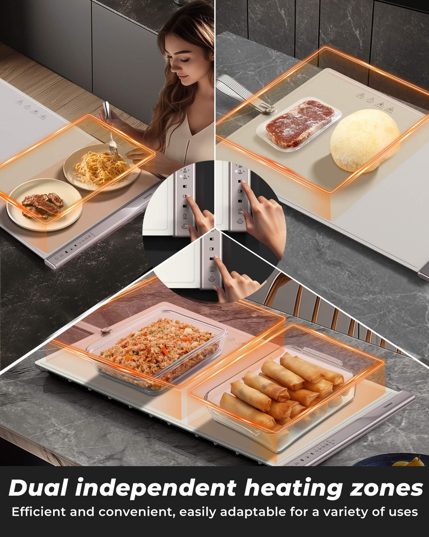 Food Warming Mat with Dual Heating Zones, 4 Temp Settings, Silicone Easy-Clean, Auto Shut-Off, Timer, Child Lock, Portable for Buffet, Party & Travel, 350W, 120V(AC), (White)
