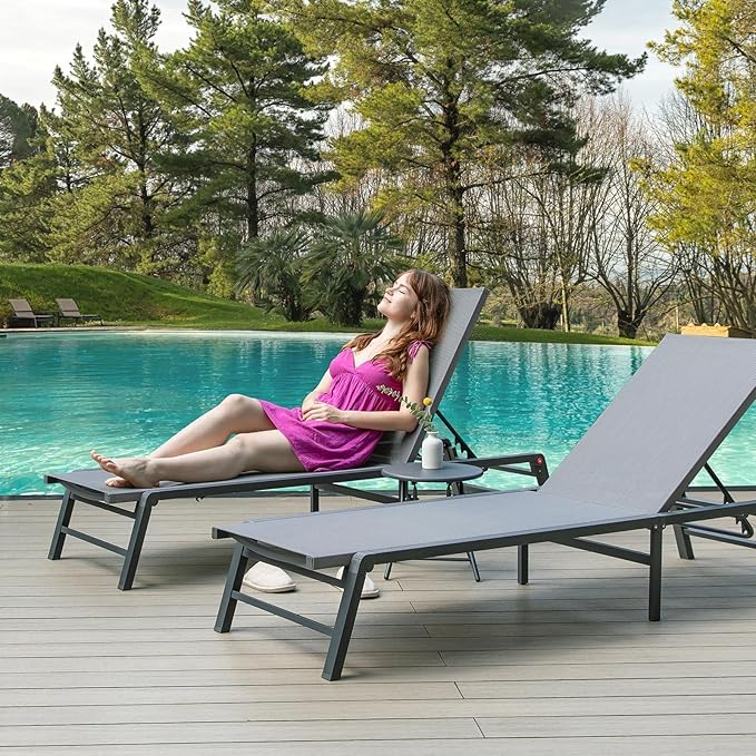 FHVIT Aluminum Chaise Lounge Chair Outdoor, Foldable Patio Lounge Chair 2 Sets with Table Assemble-Free, Pool Lounge Chairs with 5 Adjustable Backrest, Outdoor Lounge Chairs for Outside Poolside Grey