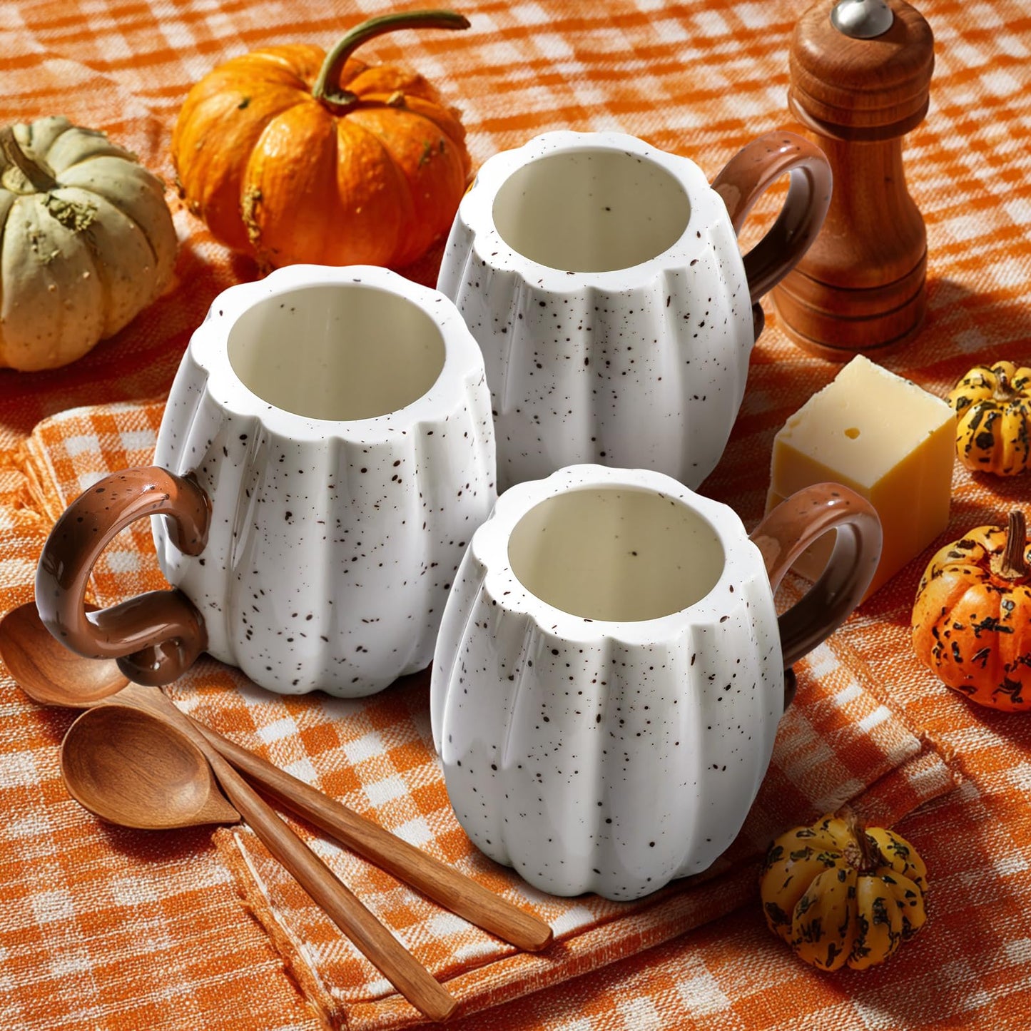 RimCereal 2 Pcs Fall Pumpkin Cup Ceramic Coffee Mugs 16 oz Thanksgiving Funny Tea Mug Autumn Halloween Birthday Gifts Decoration Food Theme for Family or Friend (White)
