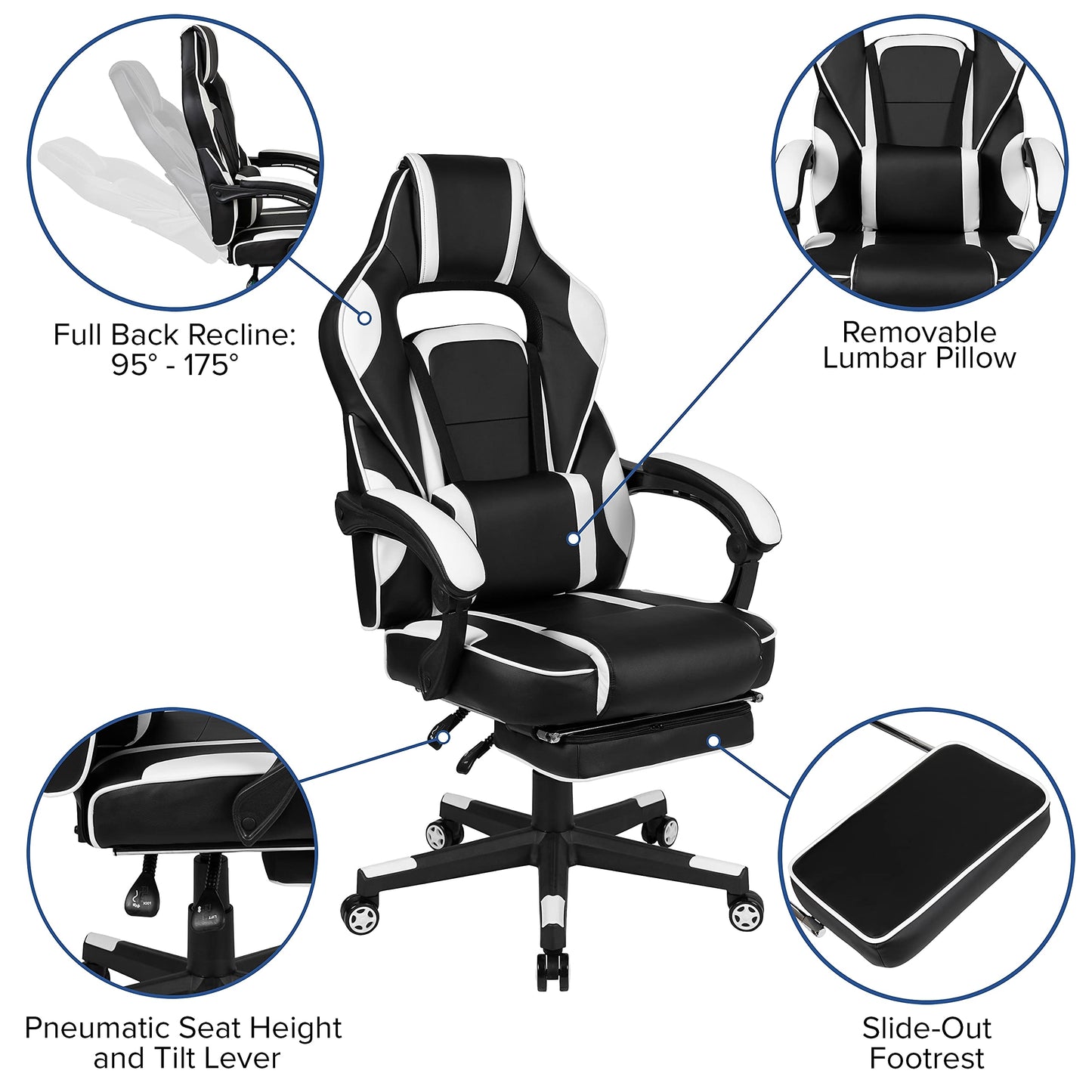 Flash Furniture X40 Gaming Chair Racing Ergonomic Computer Chair with Fully Reclining Back/Arms, Slide-Out Footrest, Massaging Lumbar - White