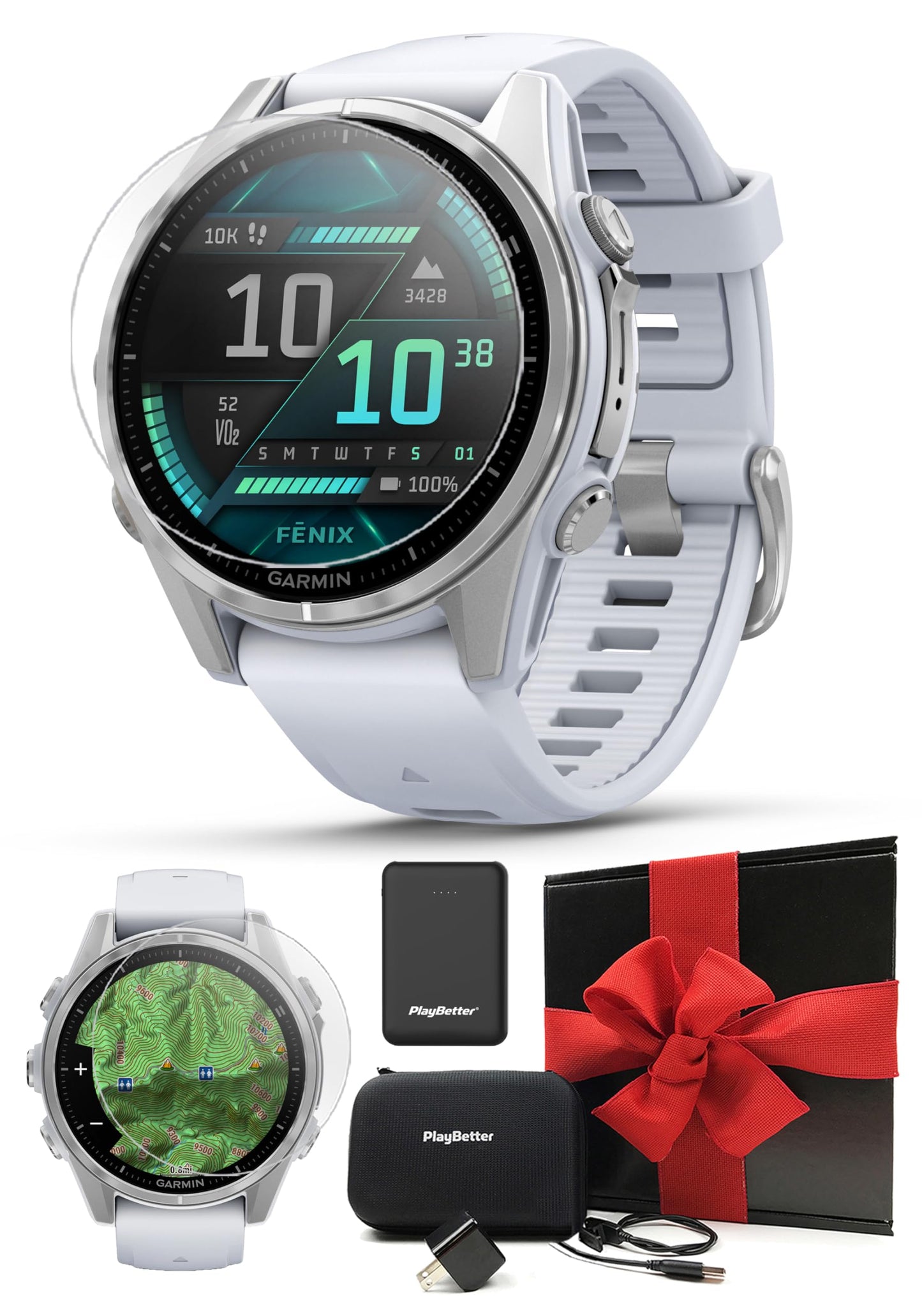 Garmin Fenix 8 AMOLED (43mm, Silver/Whitestone) Multisport GPS Smartwatch Gift Box Bundle - 1.3 Touchscreen, Built-in LED Flashl