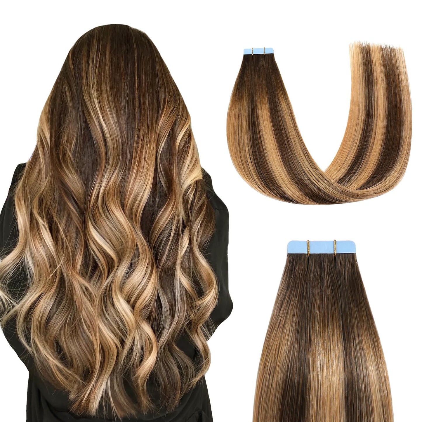 Sunya Tape in Hair Extensions Human Hair Balayage Chocolate Brown to Caramel Blonde 22 Inch 50g/pack 20pcs Straight Seamless Ski
