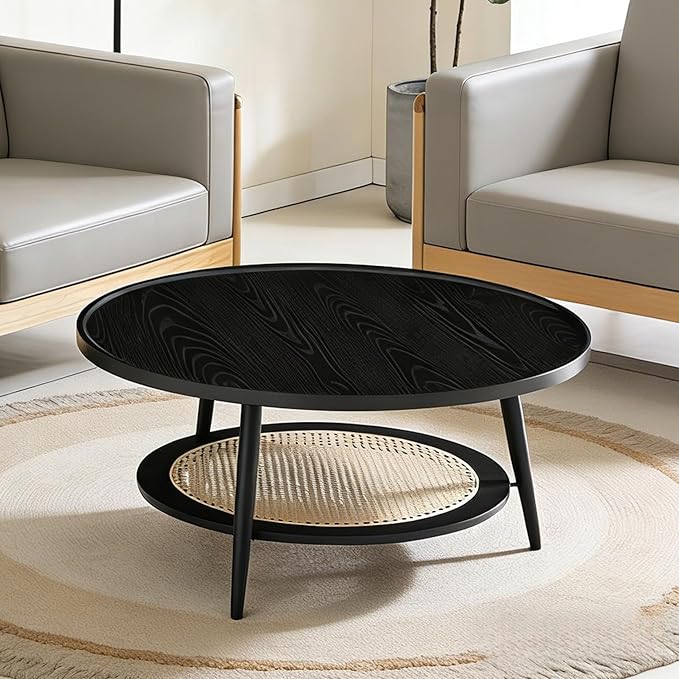 Saint Mossi Wood and Rattan Coffee Table for Living Room, Mid Century Modern Round Coffee Table, 2-Tier Boho Center Table for Small Space, Black Wood and Rattan Top, W31xH15
