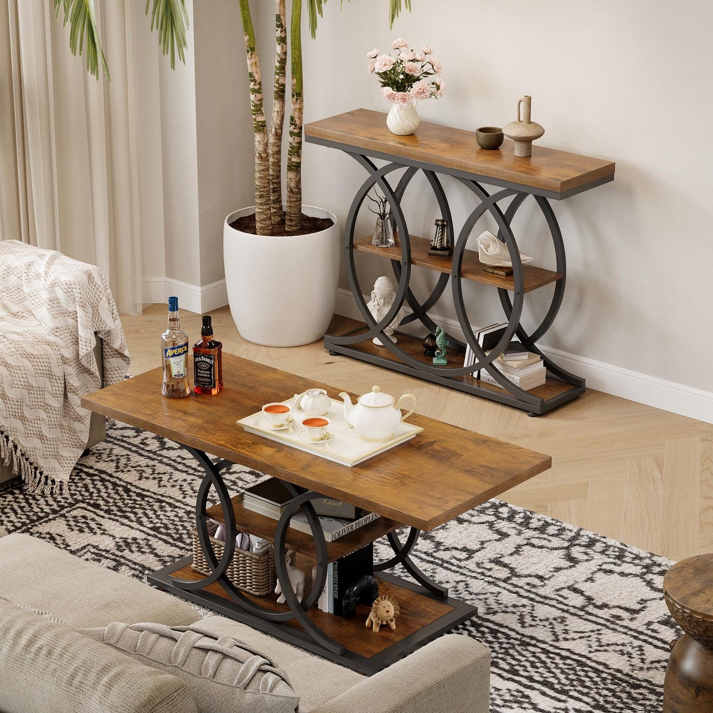 GiftGo Narrow Console Table for Entryway Industrial 3-Tier Sofa Table Behind Couch with Circle Base Wooden Accent Wall Tables with Storage Shelves for Living Room, Hallway, Foyer (Rustic Brown)