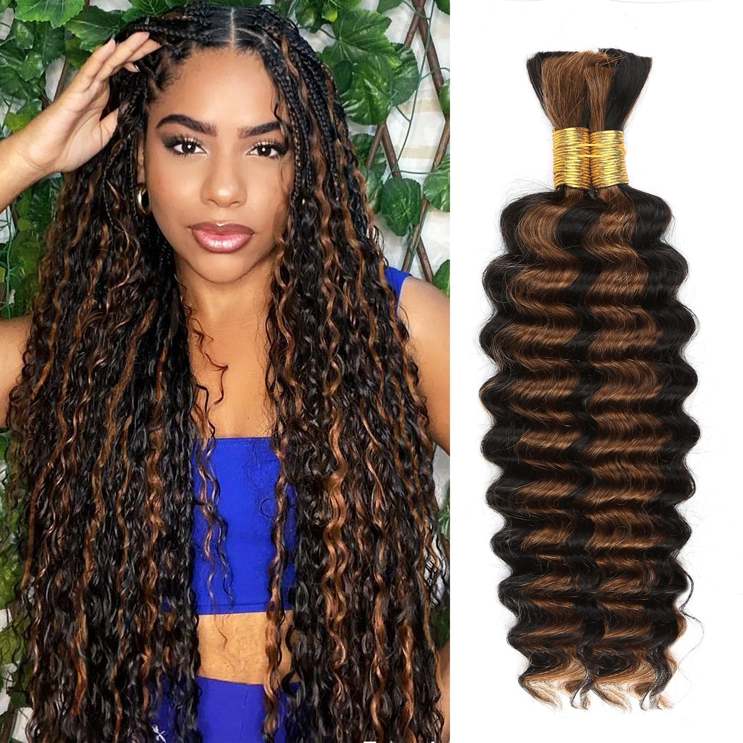 1B/30 Highlight Bronze Human Braiding Hair Deep Wave Bulk,Black and Gold No Weft Curly Braiding Hair Extensions for Boho Braids