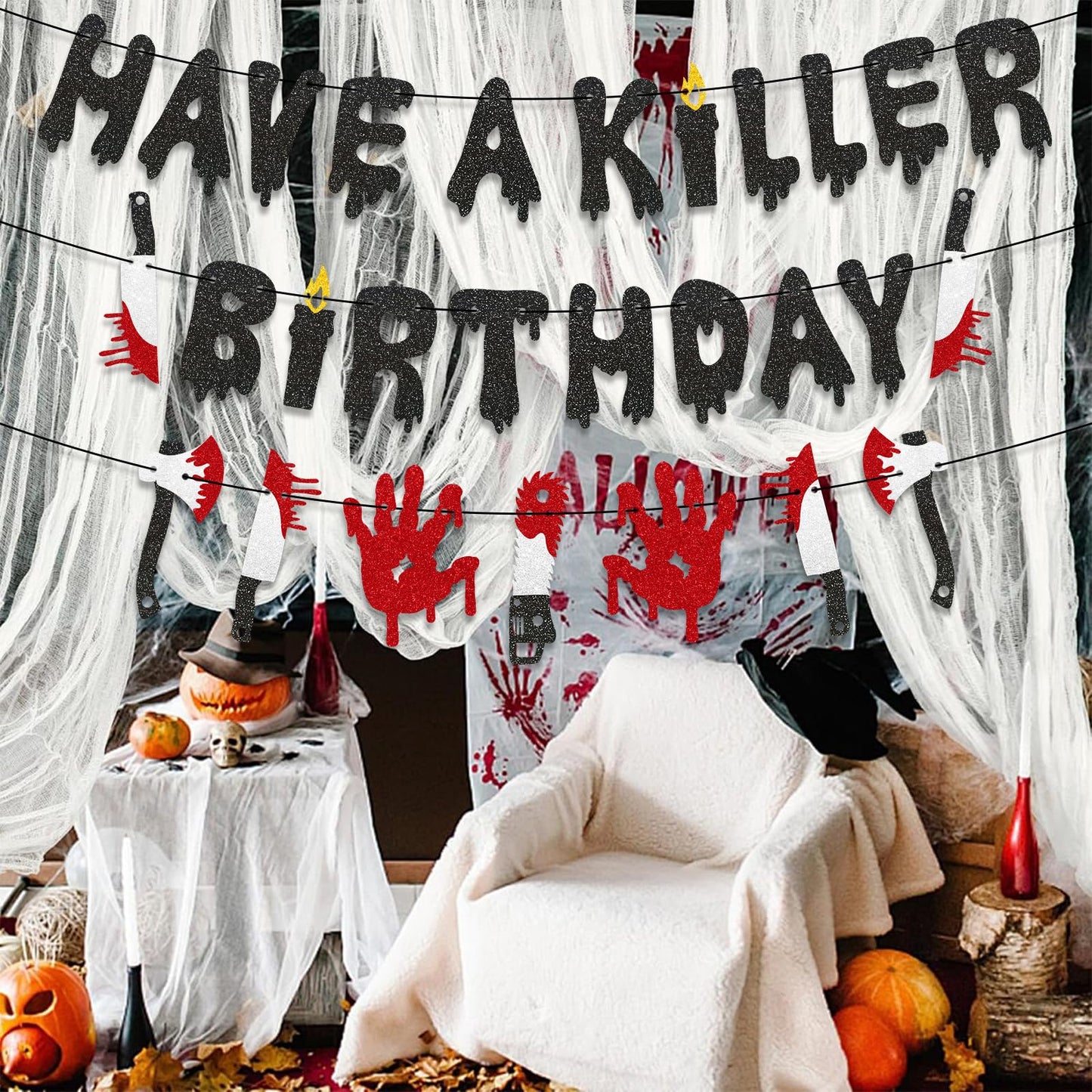 Stcomart Pre-Strung 6ft Glitter Have a Killer Birthday Halloween Banner for Birthday Party Decorations, Scary Bloody Halloween Decorations, Black