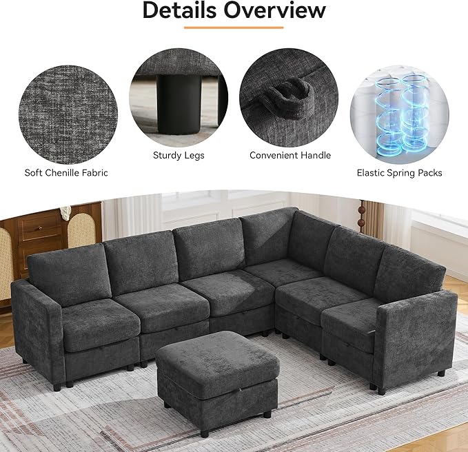 104'' V Shaped Modular Sofa, Sectional Couch with Storage for Living Room, Modern 7 Seater Cloud Sectional Couch with Movable Ottoman, Chenille Dark Grey