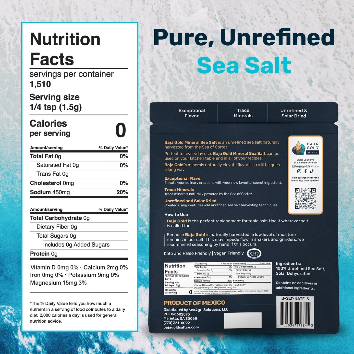 Baja Gold Mineral Sea Salt - Recommended by Gary Brecka - Organic Natural Grain Salt for Cooking & Baking | Low Sodium, Authentic Baja Salt | Ideal for All Culinary Creations | 5 lb. Resealable Bag, 1,500+ Servings