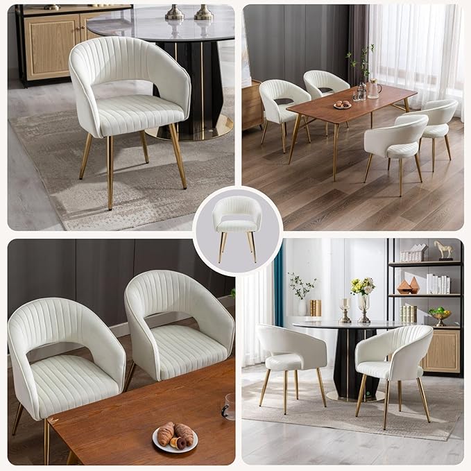 COMULER Cream Velvet Dining Chairs Gold Legs, Modern Dining Room Chairs with Arms Set of 4 Upholstered Accent Chair Armchair with Barrel Back for Kitchen Living Room