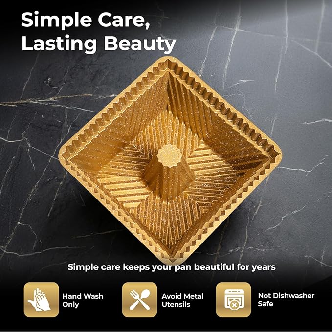 Square Fluted Tube Cake Pan, 10-Cup, Dual-Tone Gold & Black Shimmer Finish, Heavy Die-Cast Aluminum Nonstick Bakeware, 8.5-Inch Decorative Cake Mold, Easy Reales, Gift-Ready Box