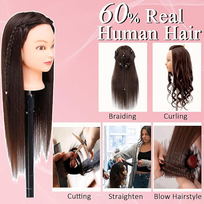 Mannequin Head Human Hair for Cosmetology, Manikin Head with 80% Real Hair for Styling Doll Head Braiding Practice Mannequin Heads Hairdresser Hairstylist Kids with Free Clamp Holder (Dark Brown 4#)