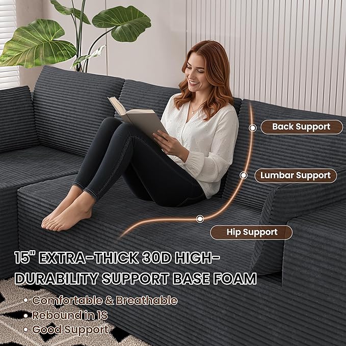 106" Cloud Sectional Boneless Couches for Living Room, Modular L Shaped Couch with Deep Seat Oversized Left Facing Chaise, Memory Foam Compressed Spineless 3 Seater Sofa for Bedroom Apartment, Grey