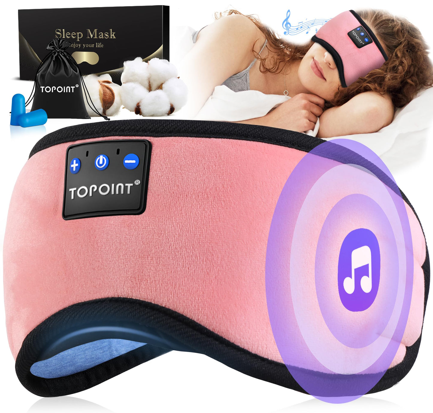 TOPOINT Sleep Mask Headphones Bluetooth 5.2 Wireless, Blackout Eye Mask for Women Men Sleeping Travel Meditation Gifts Cool Gadgets with Speakers Music,Microphone, Noise Canceling Ear Plugs, USB C