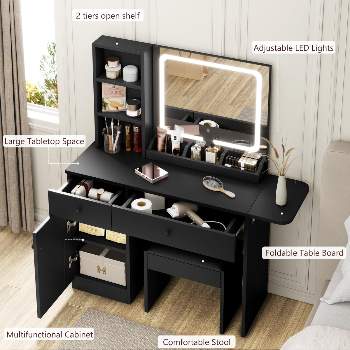 GarveeHome Makeup Vanity Desk with Mirror and Lights, Vanity Table Set with Drawer & Power Outlet ＆ Chair & 3 Shelves, Bedroom, Black
