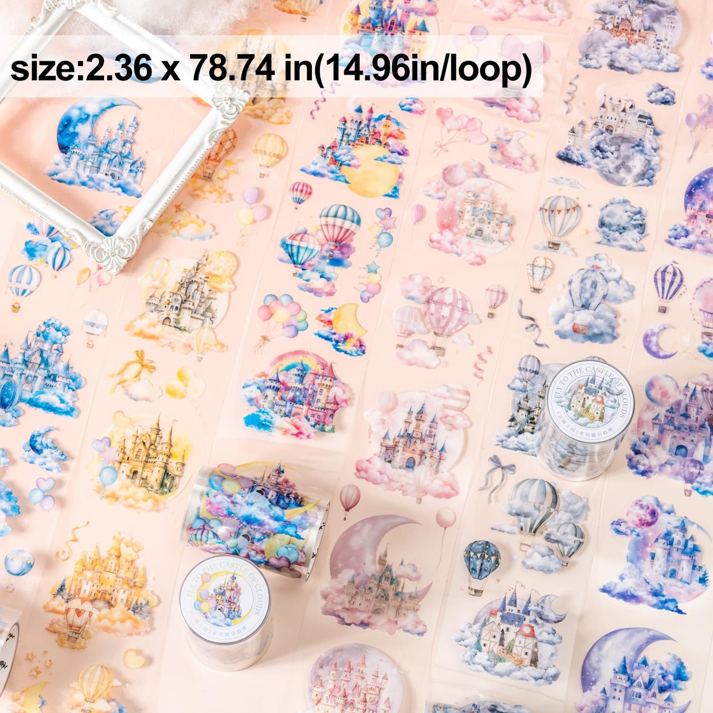 Cloud-Themed Pre-Cut PET Tape Set, 6 Rolls of Fantasy Castle and Balloon Stickers for Scrapbooking, Journaling, and DIY Craft Supplies