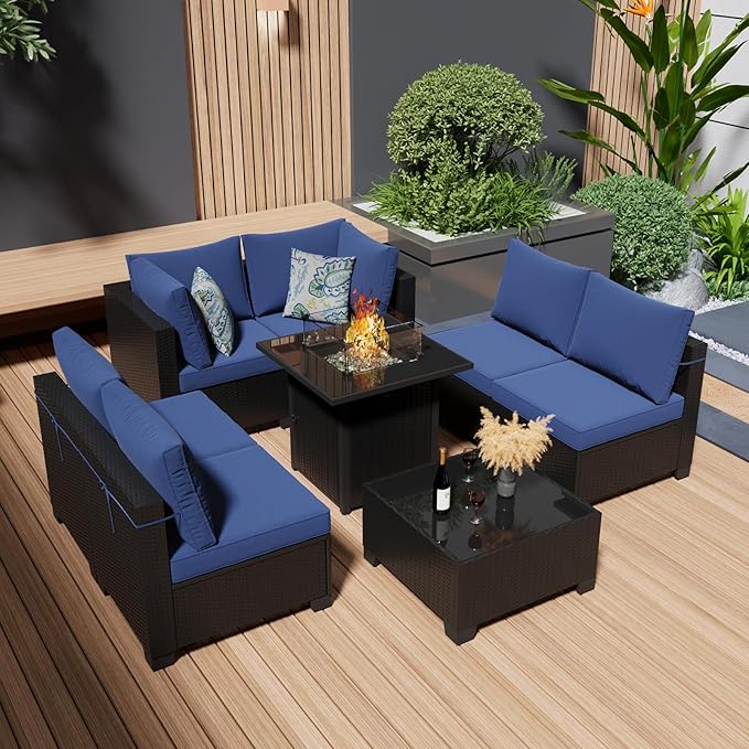 Ophelian 8 Piece Patio Furniture Set with Fire Pit Table, Wicker Outdoor Sectional Sofa, Patio Conversation Set for Backyard, Garden, Deck (Coffee/Blue)