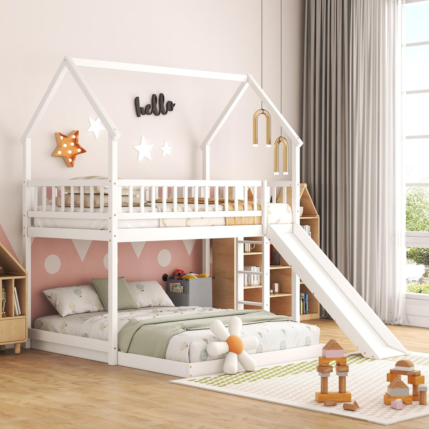 SOFTSEA Wooden House Bunk Bed with Slide and Built-in Ladder, Twin Over Full Wooden Bunk Bed Frame with Full-Length Guardrail, for Girls Boys Bedroom, No Box Spring Needed, White