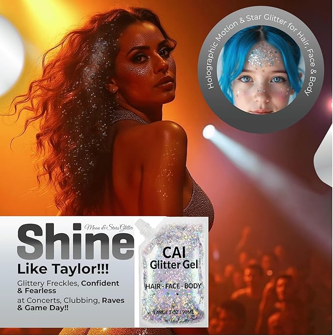 Face, Body & Hair Glitter Gel – Halloween Glitter for Kids and Women – 3 Oz Cosmetic-Grade Gel w/Moon & Stars for Festivals & Halloween Party, Easy Apply & Wash Off - Silver/Pink 2Pack