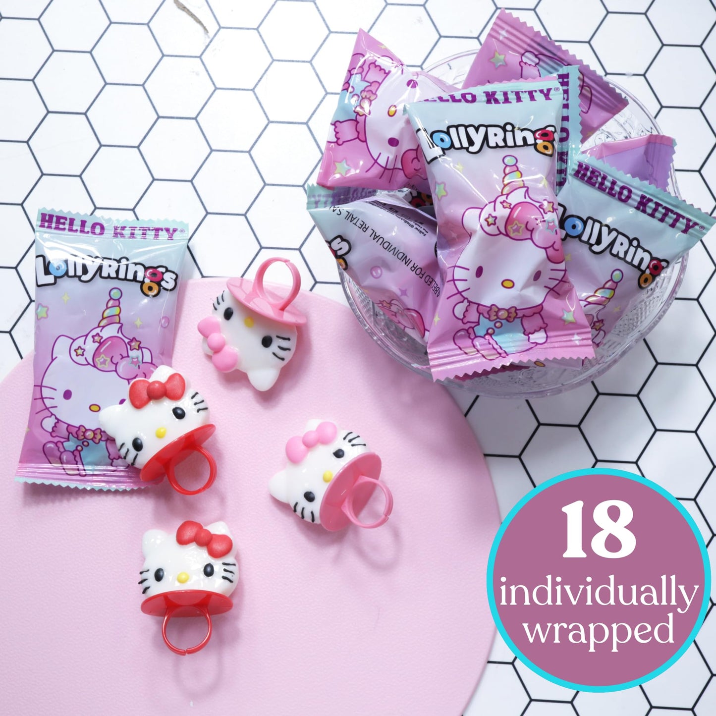 Galerie Hello Kitty Lollipop Rings, Strawberry and Fruit Punch Flavored, Individually Wrapped Candy Basket Fillers Box of 18