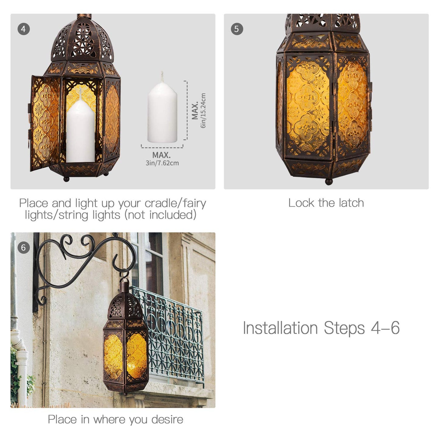 Lewondr Metal Glass Ramadan Candle Lantern, Moroccan Style Portable Candle Holder Pavilion Shape Bowl Bottom Decorative Hanging Lamp Wind Lantern Décor for Home Patio Balcony Garden - Copper + Yellow
