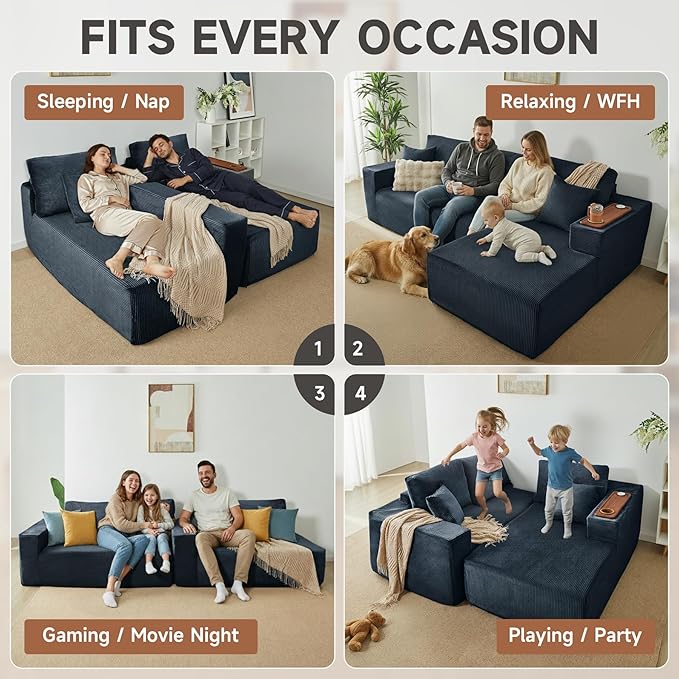 Modular Sectional Sofa Cloud Couch with Multi-Functional Armrests, Boneless Plush L-Shape Living Room Couch with Deep Seat, Fluffy Comfy Sleeper Sofa Easy Assembly (Black, Left Chaise)