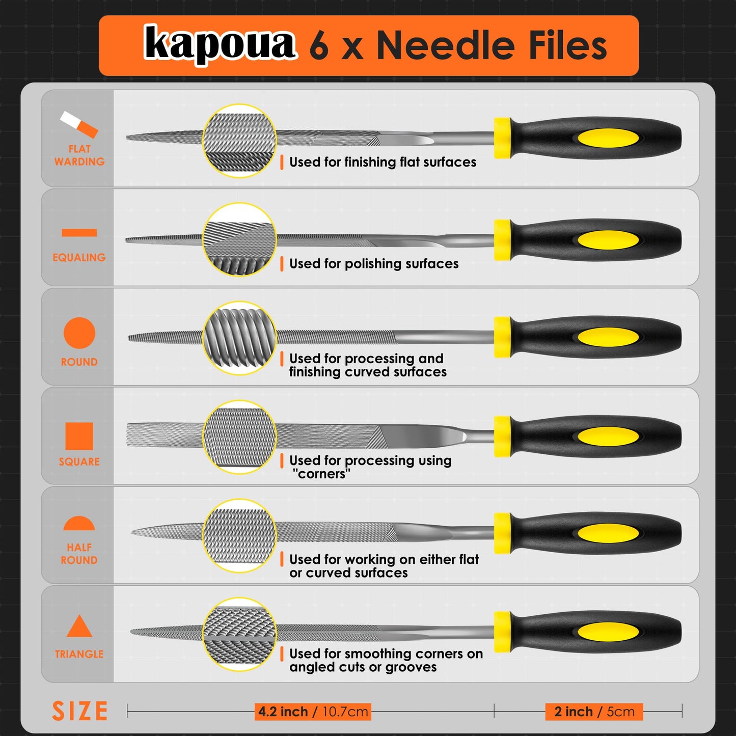 kapoua 6-Piece Metal Needle File Set - Hardened Alloy Steel Includes Flat, Warding, Square, Triangular, Round, and Half-Round Files