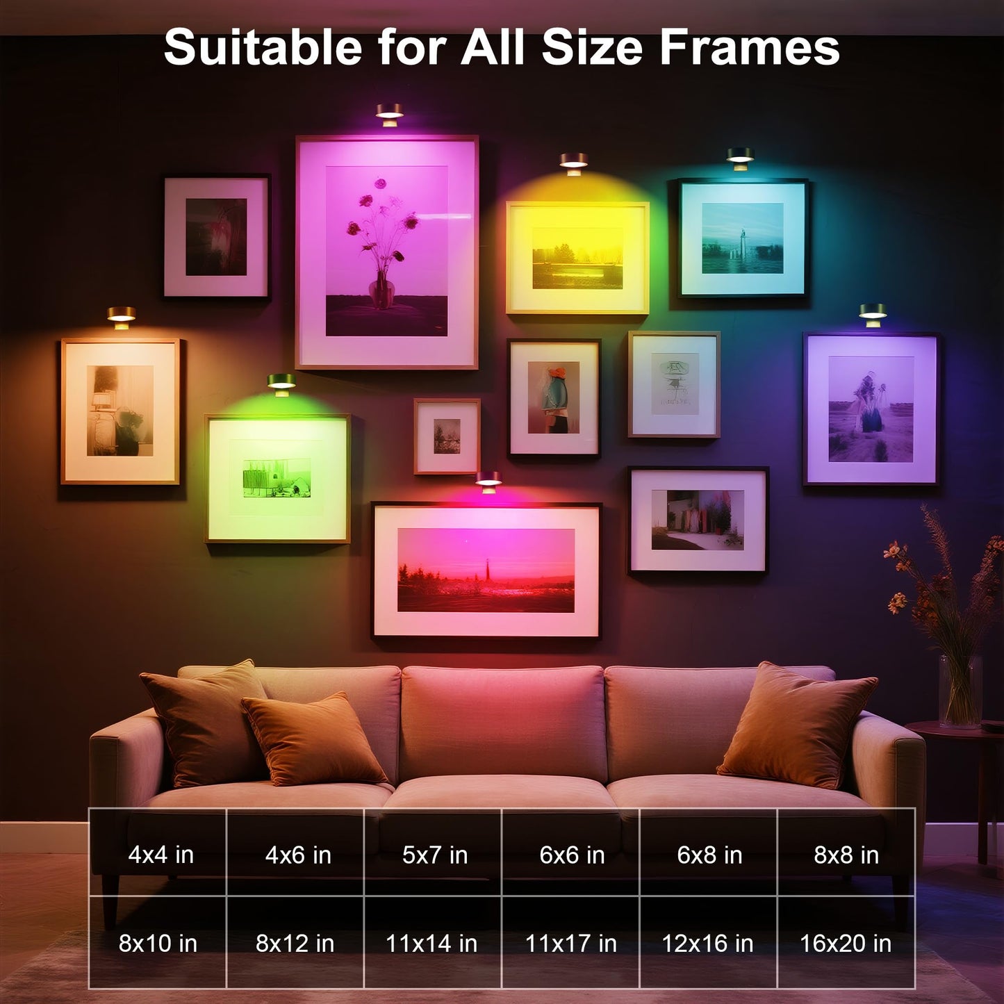 maylit 6 Pack RGBW Picture Lights for Wall, Rechargeable Battery Magnetic Poster Lights, Remote Dimmable Timer Painting Light, Wireless Wall Room Decor Light for Art Display, Frame, Gold