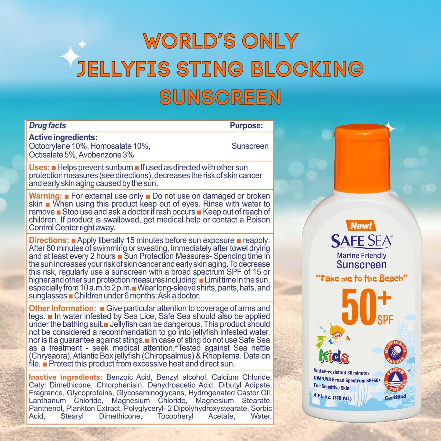 Safe Sea SPF50+ Kids sunscreen - Jellyfish and Sea lice protective lotion. Very Water Resistant, Sensitive skin Reef-Safe Sunscr