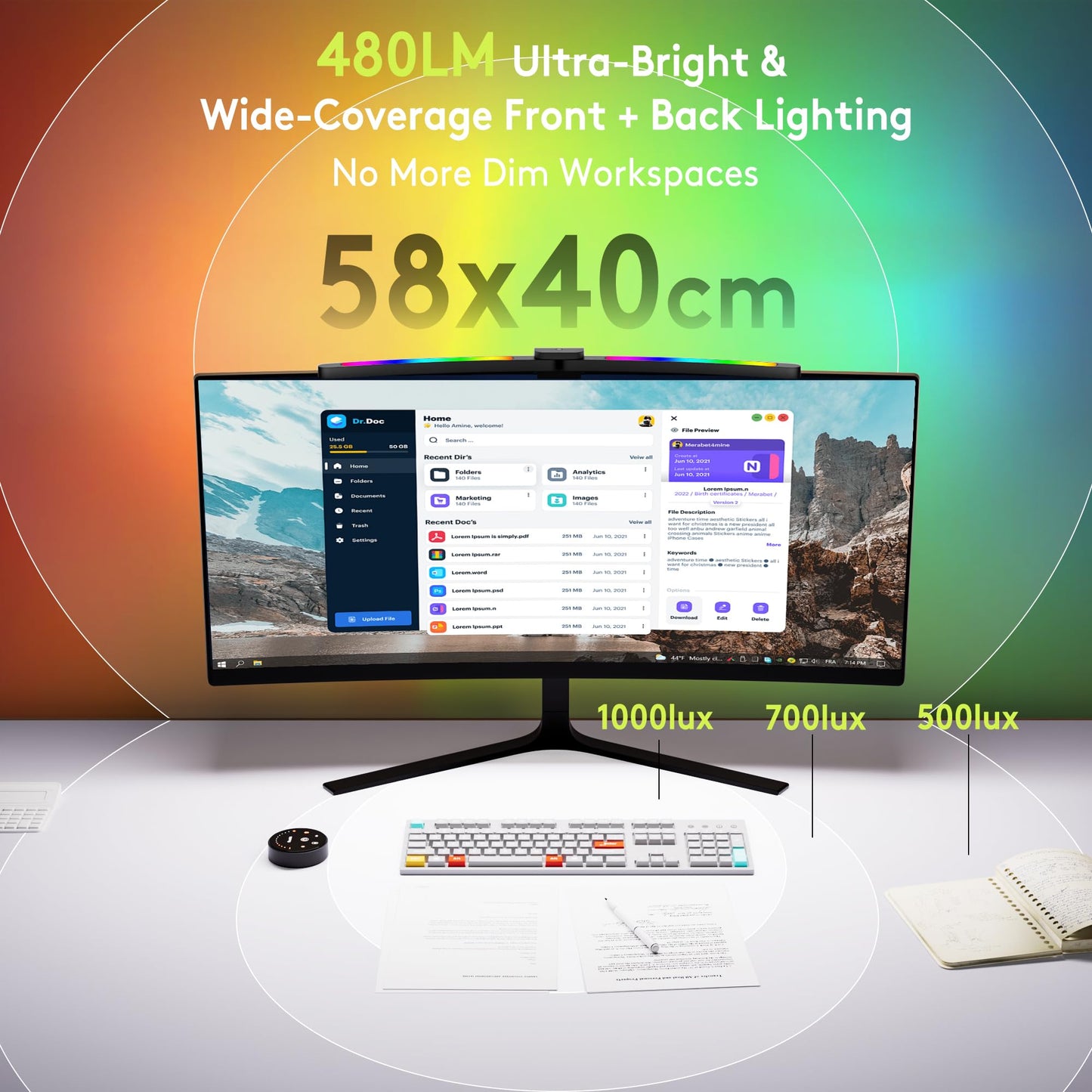 Quntis Curved Monitor Light Bar 15 RGB Backlight for 34"+ Screens, Computer Bar Lights Fold Dual Light with Color Temperature Brightness Stepless Dimming, No Glare Desk Lamp for Home Office Gaming