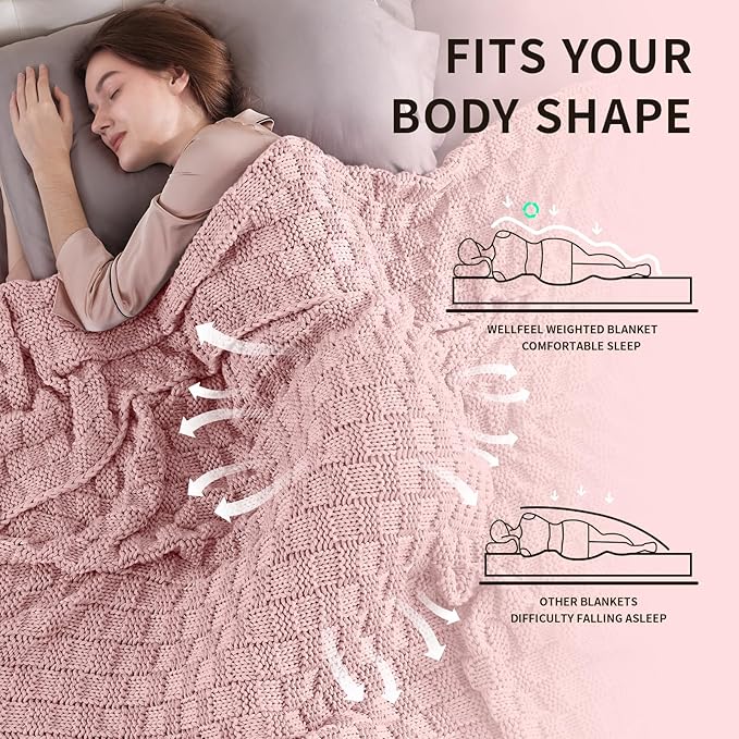 Knitted Weighted Blanket Adult, No Beads Heavy Blanket 60” x 80'' 20lbs, Breathable Chunky Knit Blanket, Cooling Weighted Blanket for Hot Sleepers, Christmas Home Decor (HoneyPink)