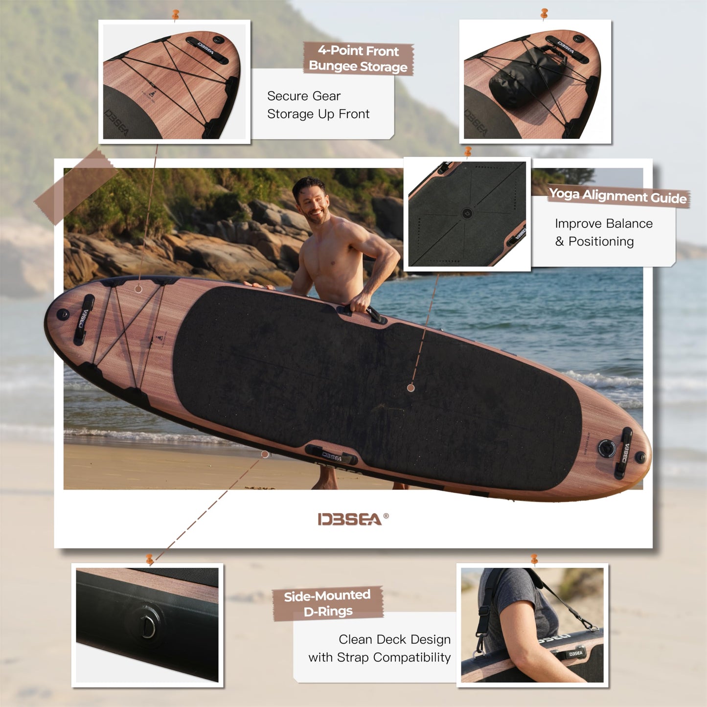 D3SEA 11 ft Inflatable Paddle Board with SUP Accessories, Extra Long Non Slip EVA Deck with Yoga Alignment Lines, Extra Wide Yoga SUP for Adults (Timber Noir, 11' × 35" × 6")