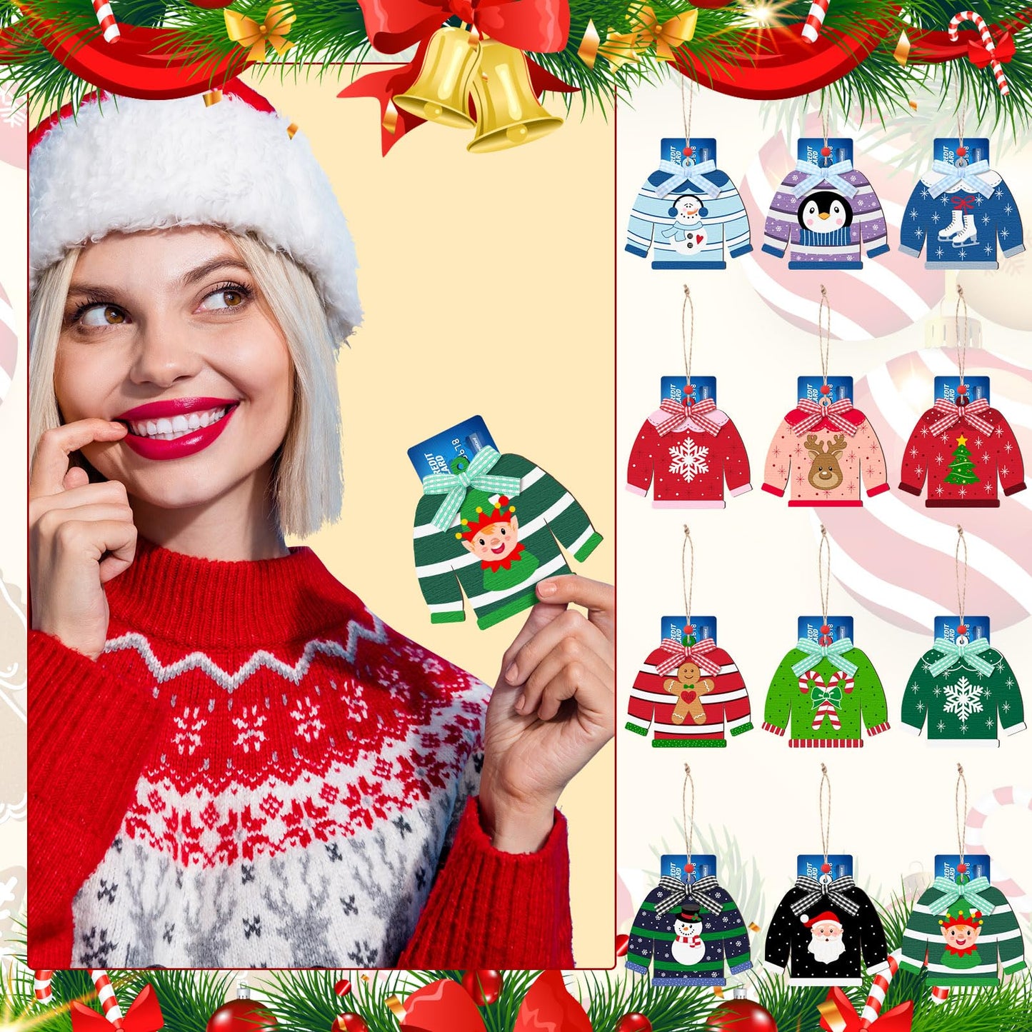 Dispowreath 12 Pcs Christmas Gift Card Holder Ugly Sweater Shaped Wooden Money Holders Money and Card Sleeves Christmas Cash Holders Merry Xmas Gift Tags Winter Holiday(Stripe)