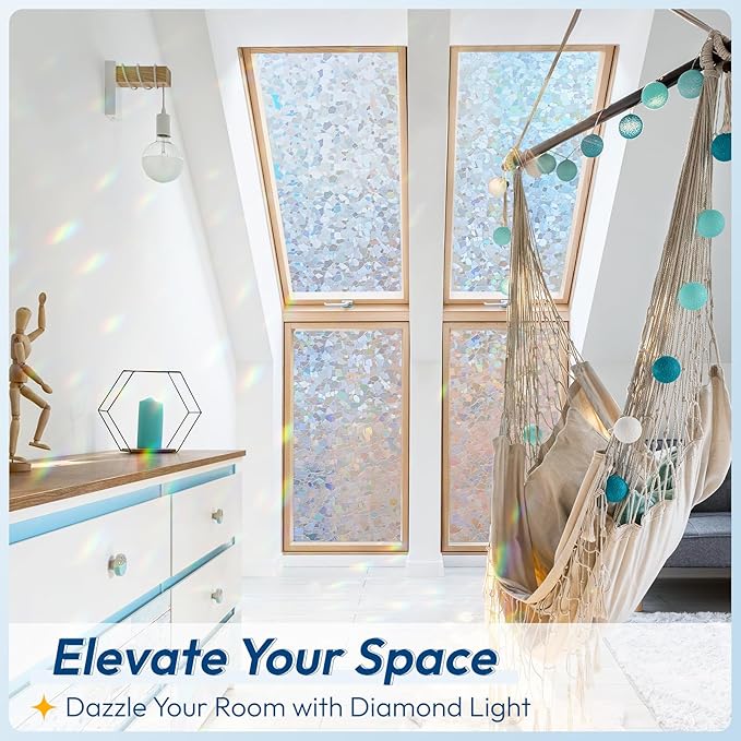 rabbitgoo Rainbow Window Privacy Film Decorative Stained Glass Diamond Pattern Window Sticker with Iridescent Tint Non-Adhesive Static Cling for Home Office Crystal Pattern, 17.5 x 157.4 inch