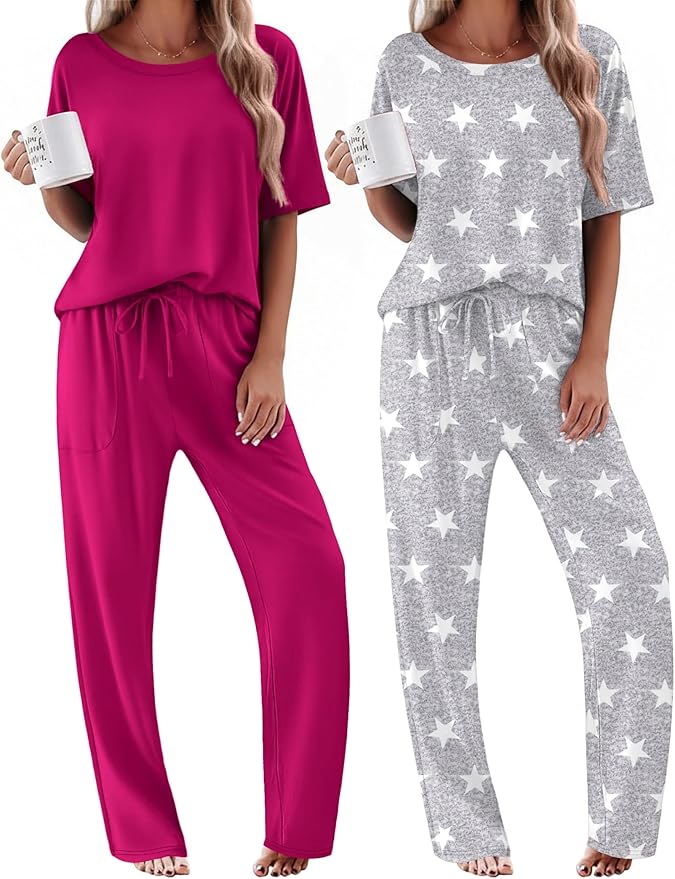 Ekouaer 2 Pack Womens Pajama Sets Short Sleeve Tops and Long Pants Casual Comfy Pjs Lounge Set with Pockets,S-XXL
