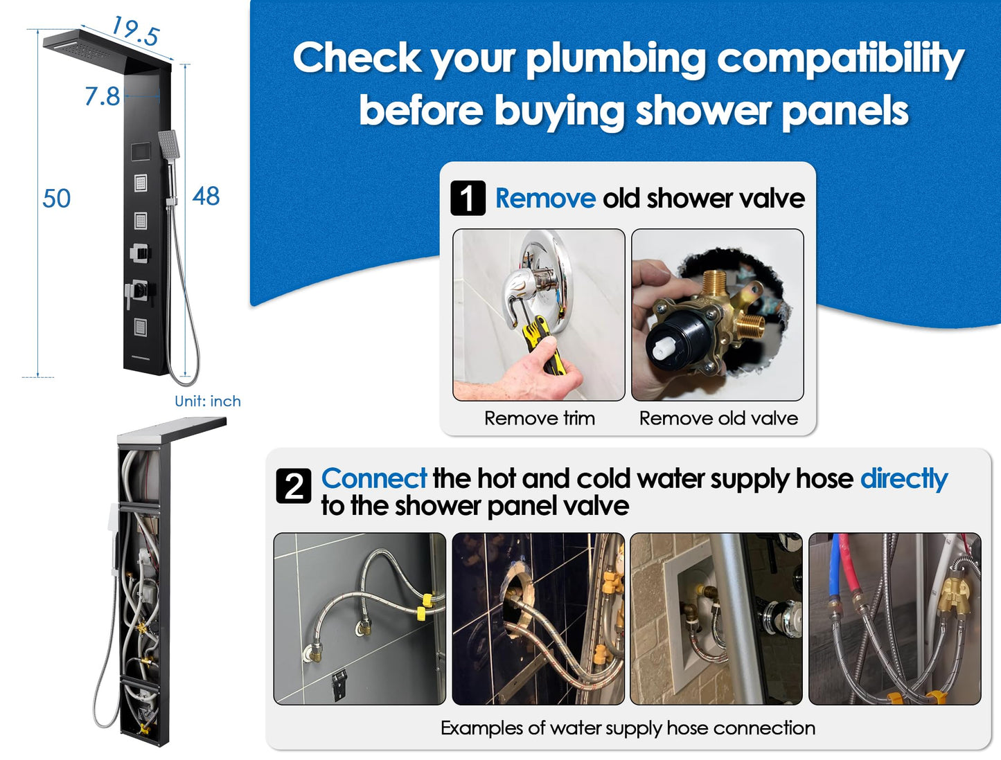ROVOGO Shower Panel Tower System with LED Lights - No Battery Needed, Shower Column with Rainfall Waterfall Shower, Body Jets, Handheld Shower, Tub Spout and Temp Display, Black