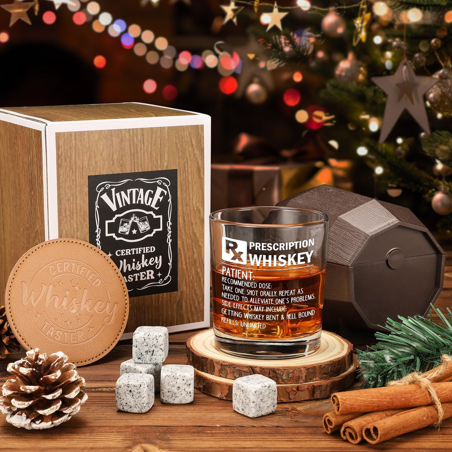 WelDesine Prescription Whiskey Glass, Funny Rocks Glass & Bourbon Barrel Set for Brother Boyfriend Father Husband Coworker on Christmas & Birthday, White Elephant Cool Gag Gifts for Men