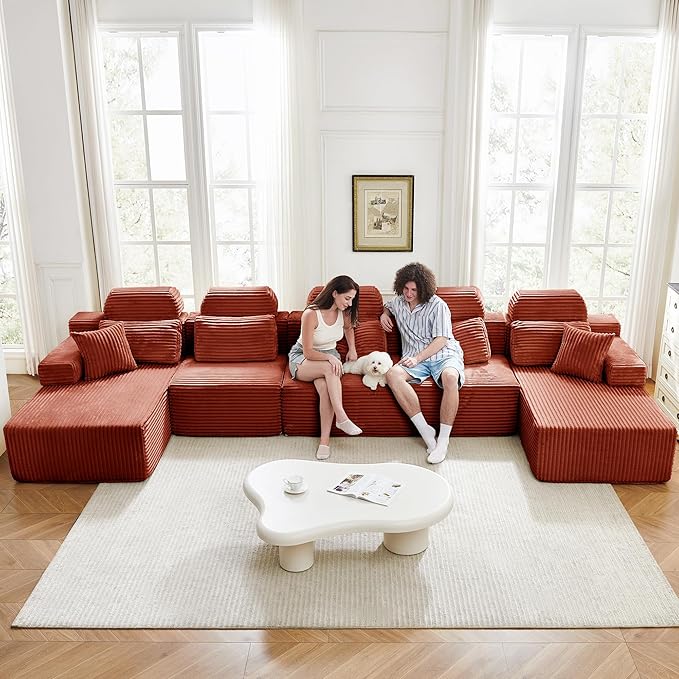 171" U-Shaped Cloud Modular Sectional Sofa with Chaise & Headrest, Boneless Deep Seat Plush Corduroy Couches for Large Living Room, No Assembly Required (Orange, 171" U-shapred Chaise)