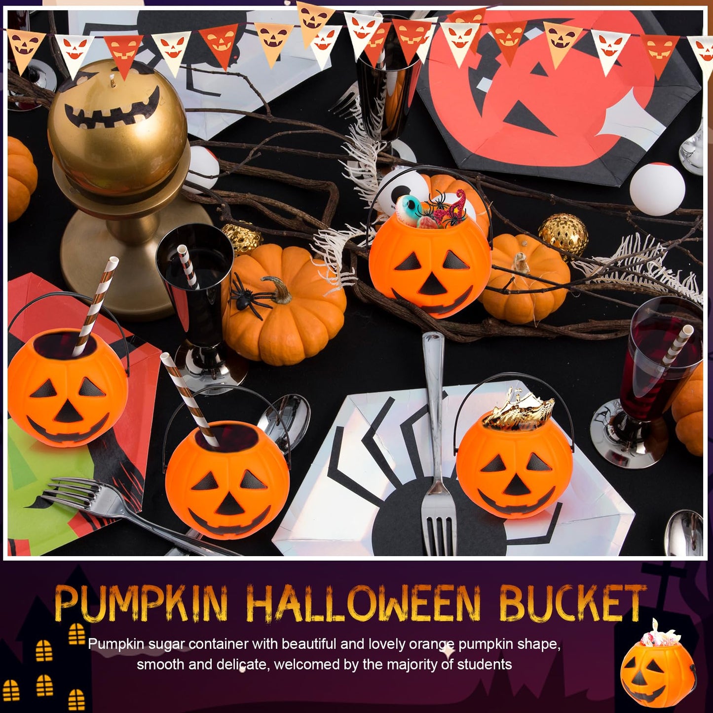 Lallisa 50 Halloween Mini Pumpkin Bucket Plastic Pumpkin Candy Container Halloween Party Favor Decoration Trick or Treat Buckets for Holiday Party Supplies(Orange)