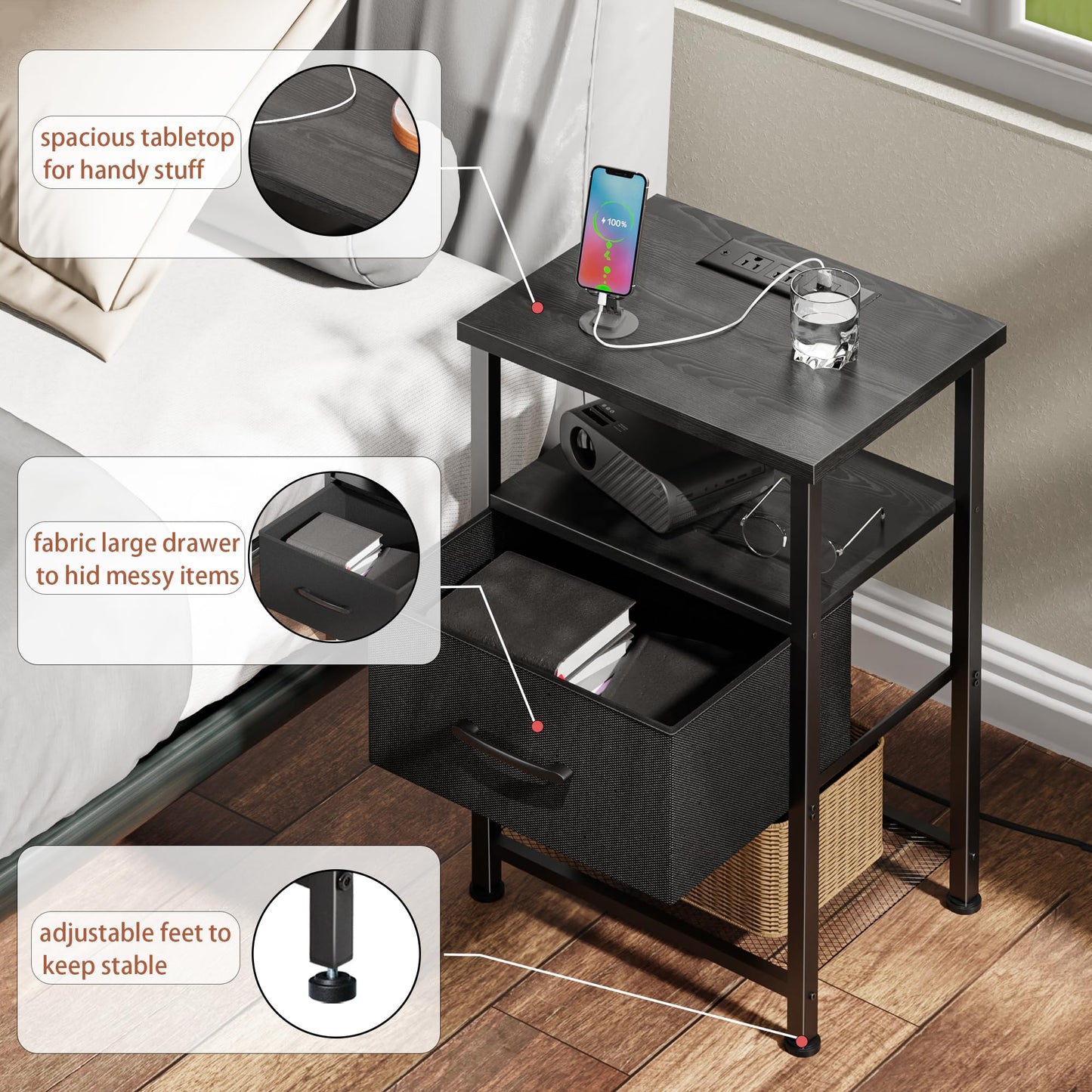 LAKEMID Nightstands Set of 2 with Charging Station and Drawer, End Table Bedside Table with 20 Colors LED Light Strip and 2 Layers Shelf for Bedroom Living Room Sofa Couch (Black)
