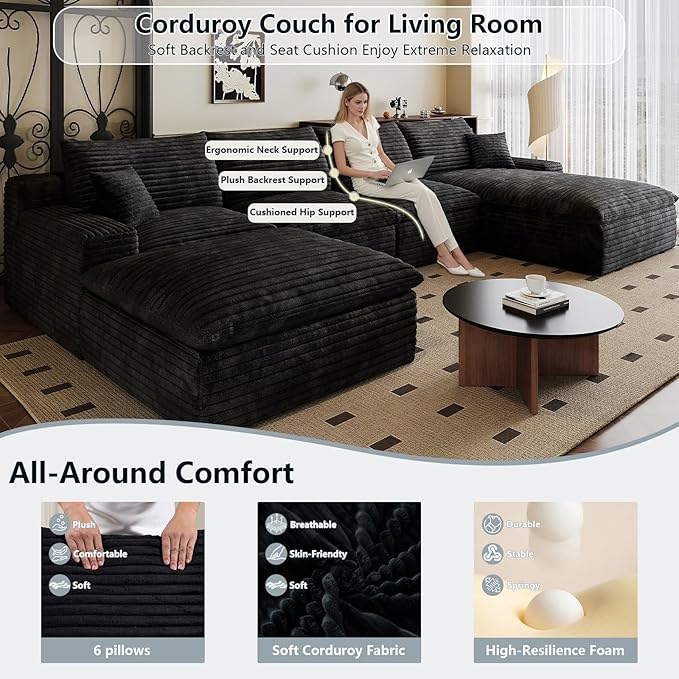 136" Cloud Sectional Couch U-Shaped Chaise with Ottoman, Corduroy Boneless Couch for Living Room Bedroom, Deep-Seat Upholstered Modular Cloud Sofa, No Assembly Required (Black, Right Facing Chaise)