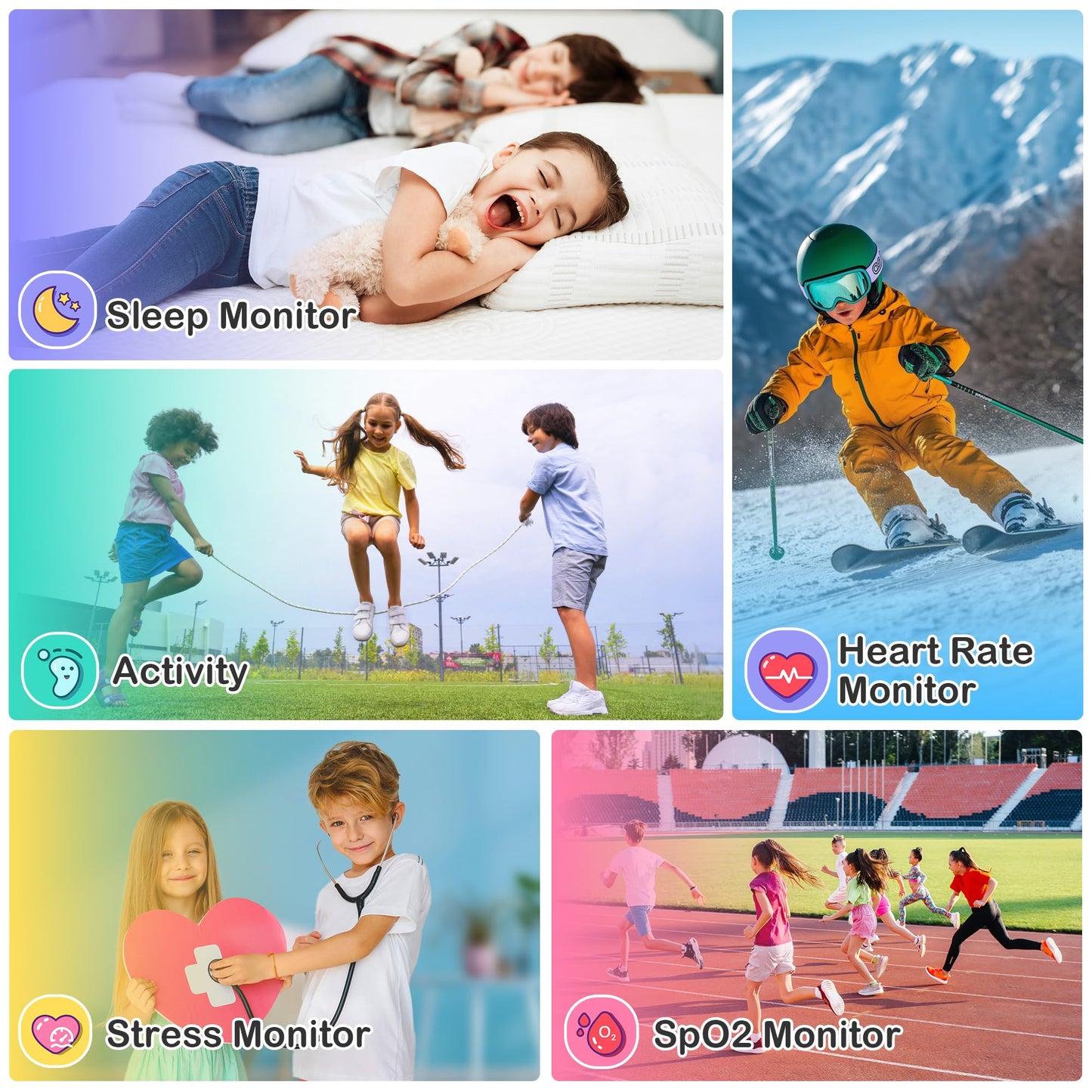Kids Waterproof Smart Watch with Fitness Tracker Sports Activity Pedometer Heartrate SpO2 Stress Monitor Flashlight APP HD Touch Screen Camera Music for 4-13 Year Old Boys Gifts for Kids