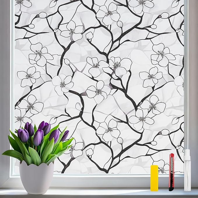 3D Rainbow Window Film Stained Glass Style Static Cling No Adhesive Privacy Decals for Home & Office Decorative Vinyl with Protection (Plum Ink Shade, 35.4 x 78.7 Inch)