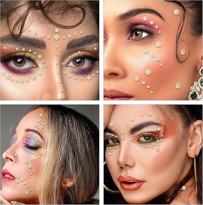 591pcs Face Gems Hair Gems Pearls, Self-Adhesive Face Jewels Eye Rhinestones 3/4/5/6/8 mm Face Gem Stick on, Halloween Makeup Gems Rave Accessories for Face Eyes Body Makeup (03.Beige Pearl)