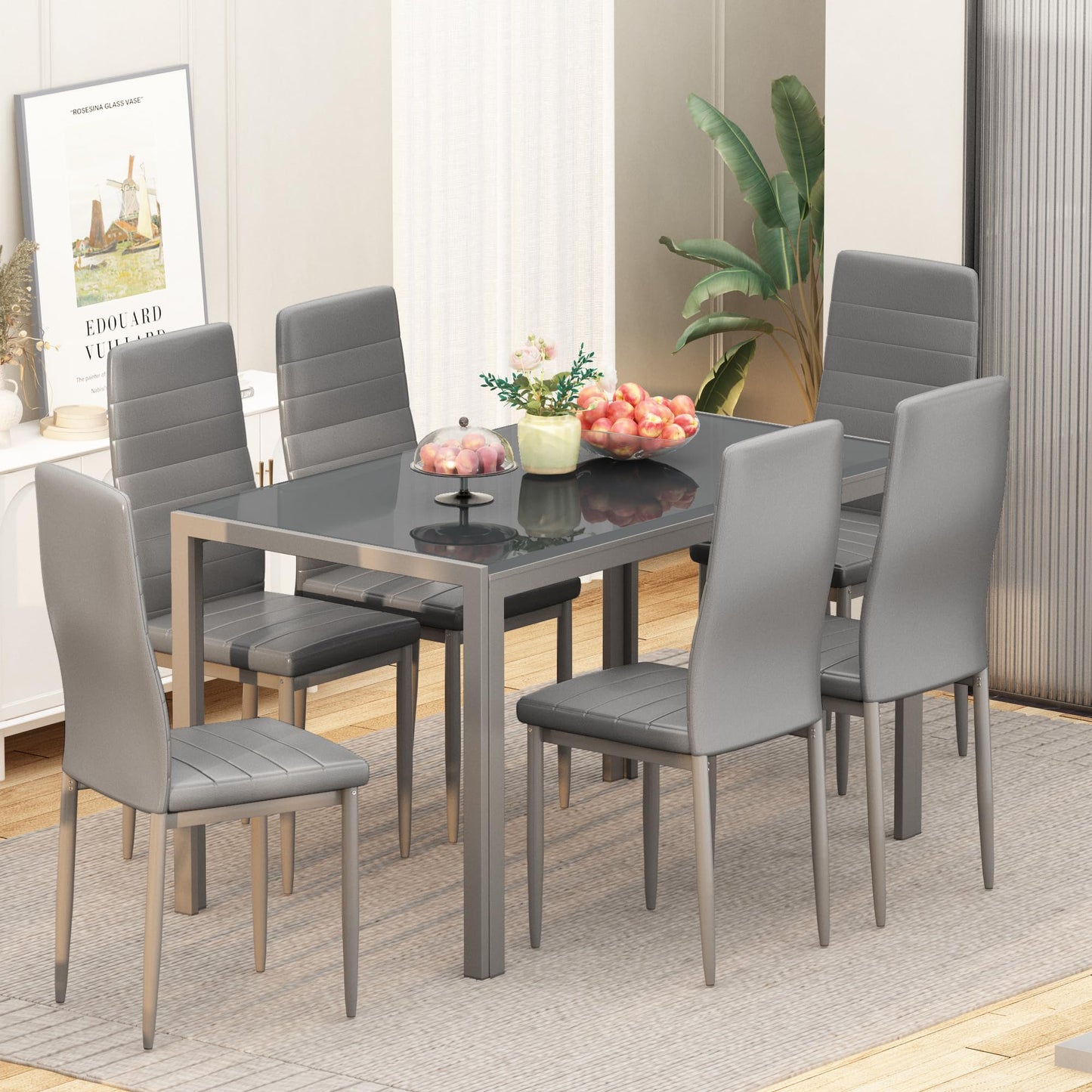 Recaceik Glass Dining Table Sets for 6, 7 Piece Kitchen Table and Chairs Set for 6 Person, Tempered Glass Table and PU Leather Chairs Modern Dining Room Sets for Small Space