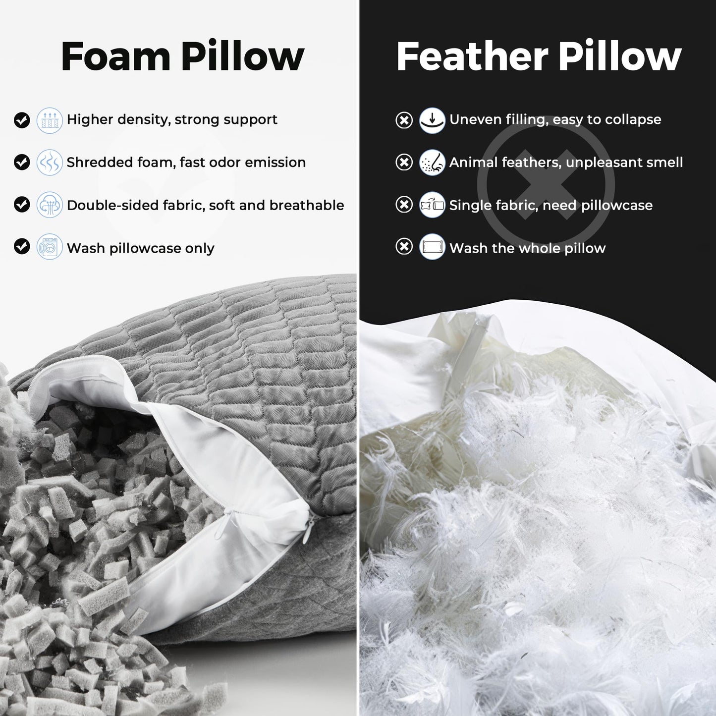 puredown Pillows Queen Size Set of 2, Shredded Memory Foam Pillows, Cooling Foam Pillow for Sleeping, Soft Bed Pillow Queen Size with Adjustable Foam for Side, Back and Stomach Sleepers, Grey